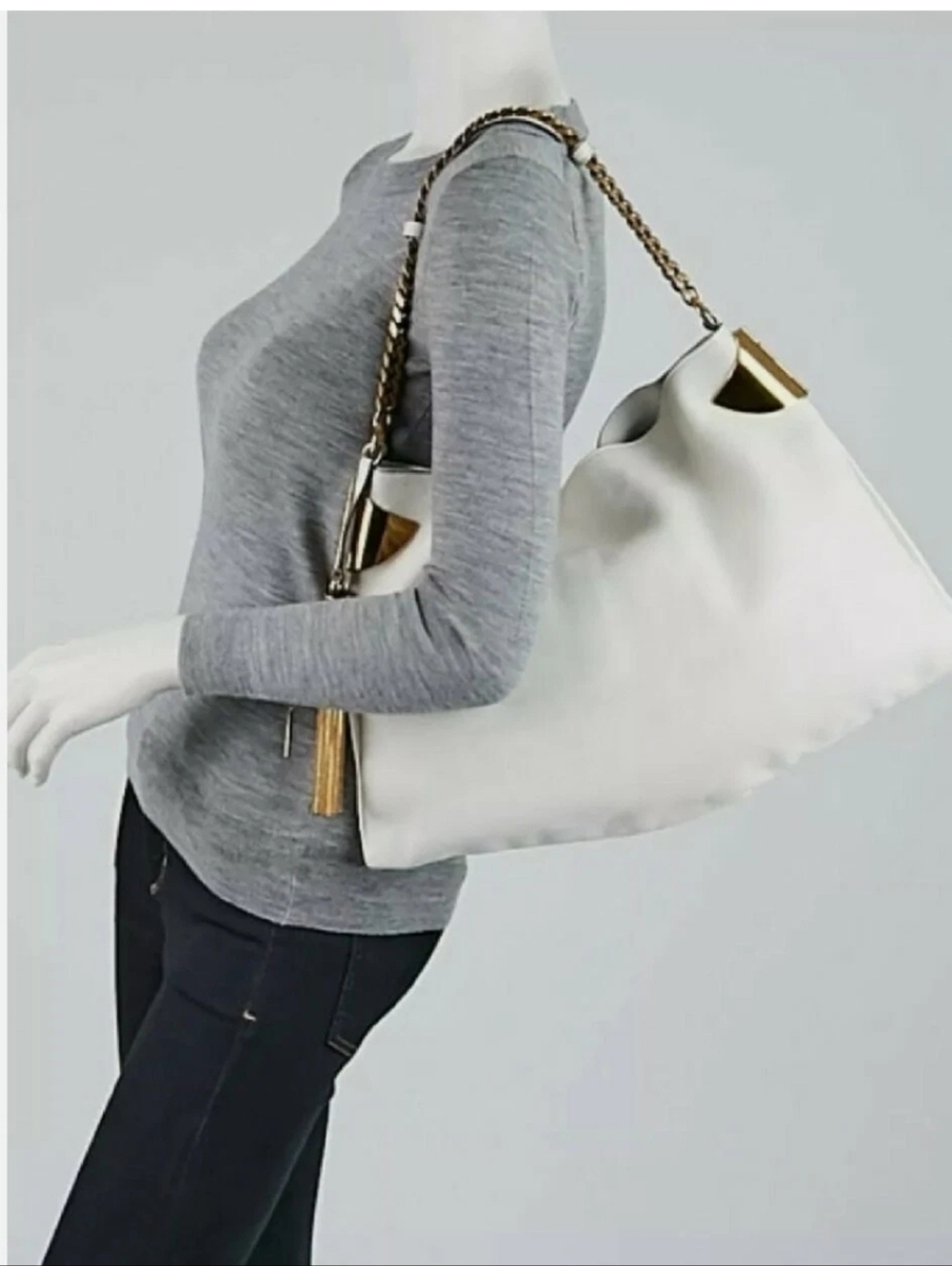 Gucci Tom Ford White Leather Shoulder Hobo Bag with Gold Chain Detail
